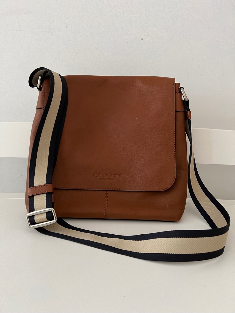 COACH Tan Brown Leather Messenger Bag with Striped Webbing Strap